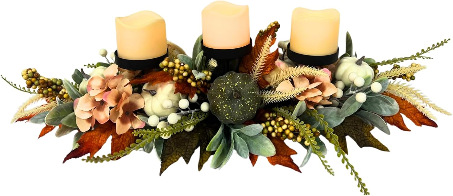 25 Inch Fall Candle Holder Centerpiece with Colorful Pumpkins, main product view
