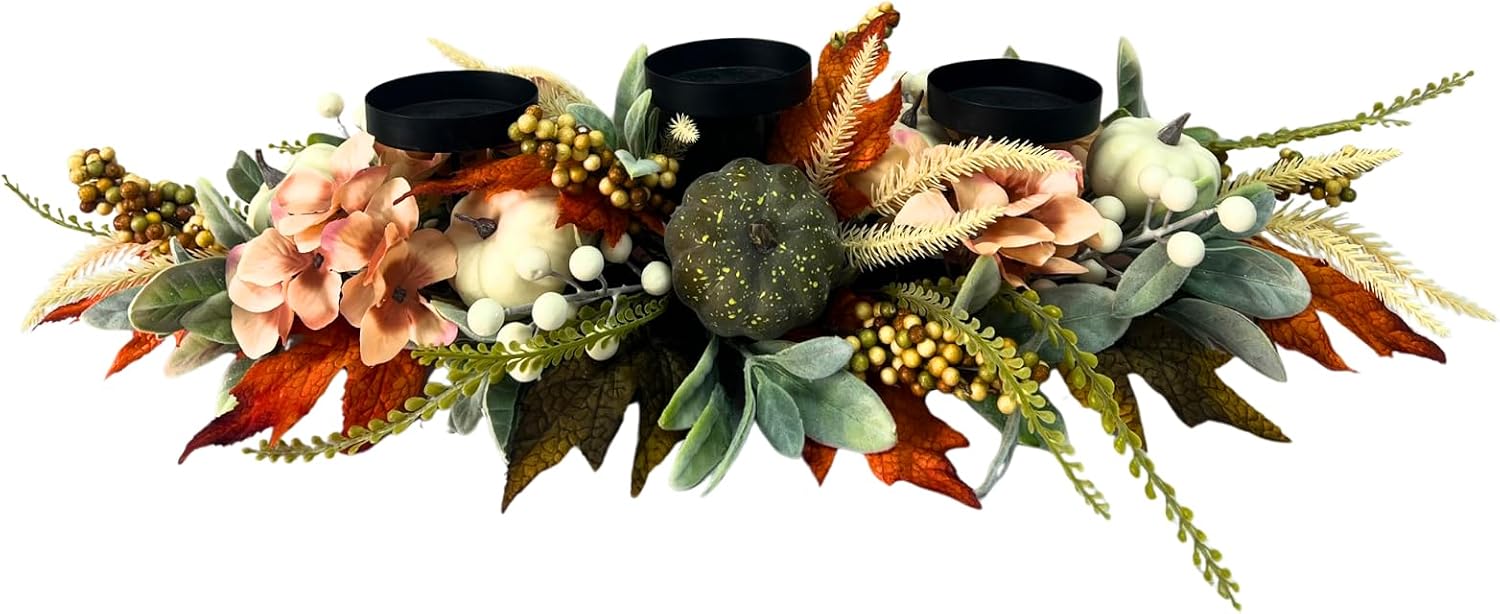 25 Inch Fall Candle Holder Centerpiece with Colorful Pumpkins, additional listing view 2
