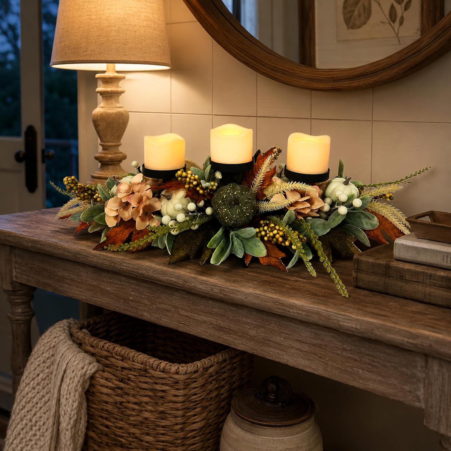 25 Inch Fall Candle Holder Centerpiece with Colorful Pumpkins, additional listing view 4