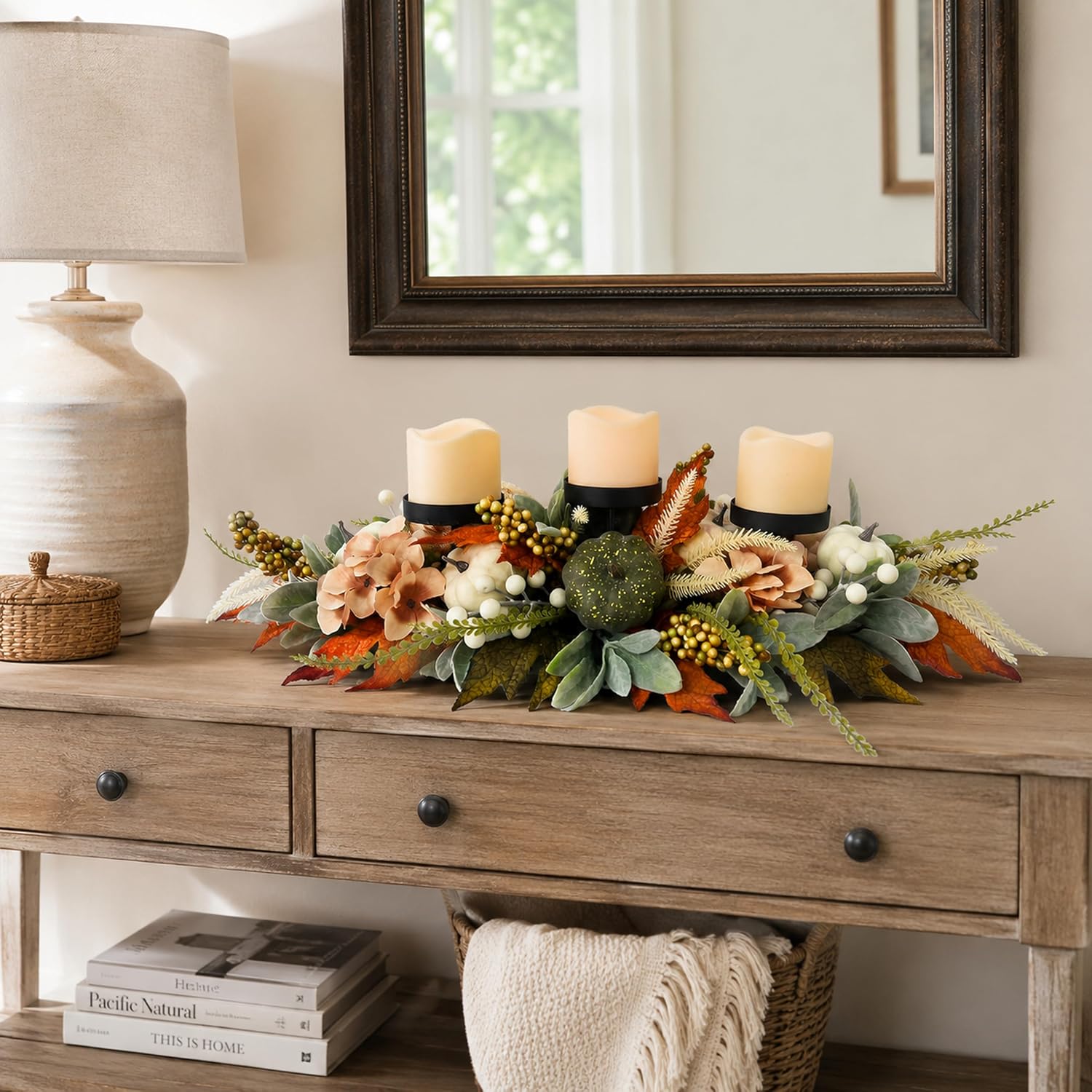 25 Inch Fall Candle Holder Centerpiece with Colorful Pumpkins, additional listing view 6