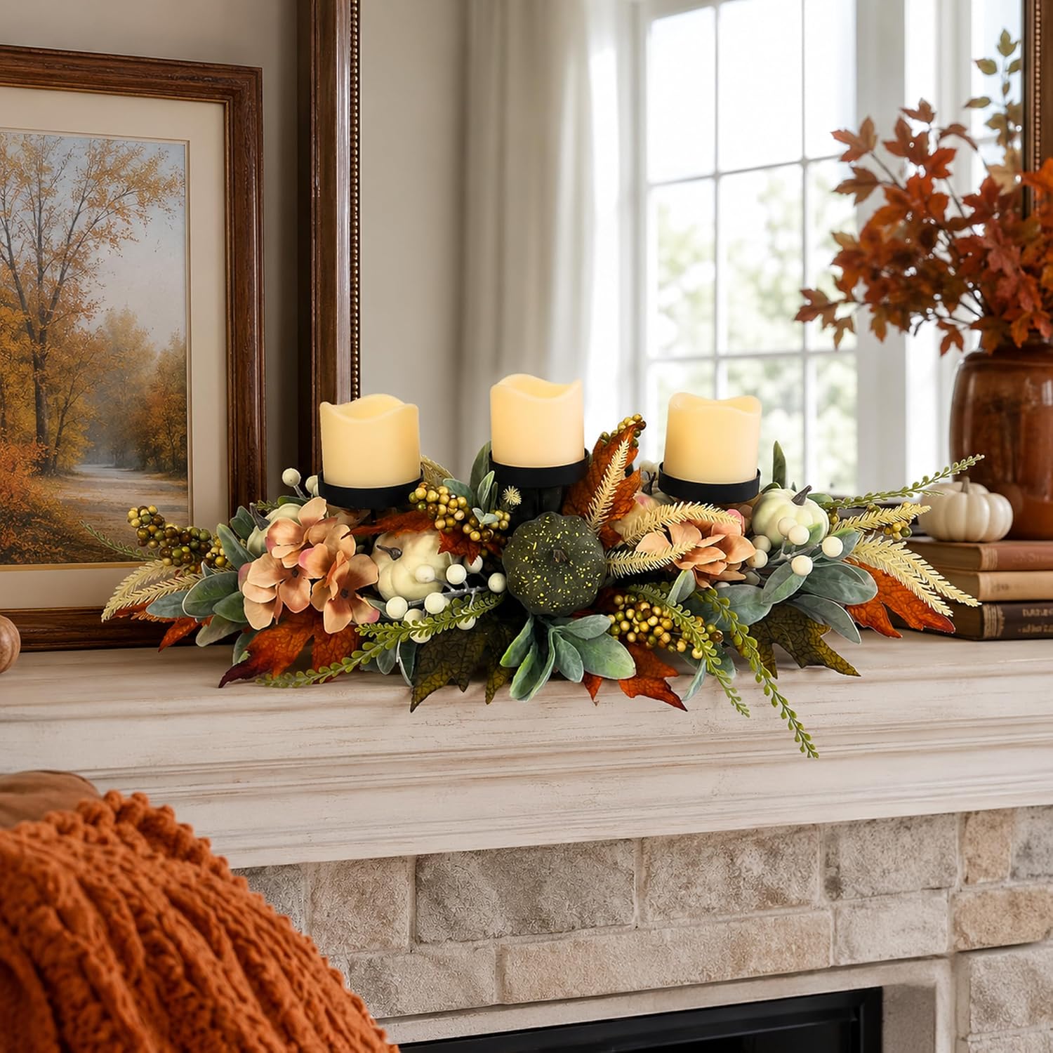 25 Inch Fall Candle Holder Centerpiece with Colorful Pumpkins, additional listing view 7