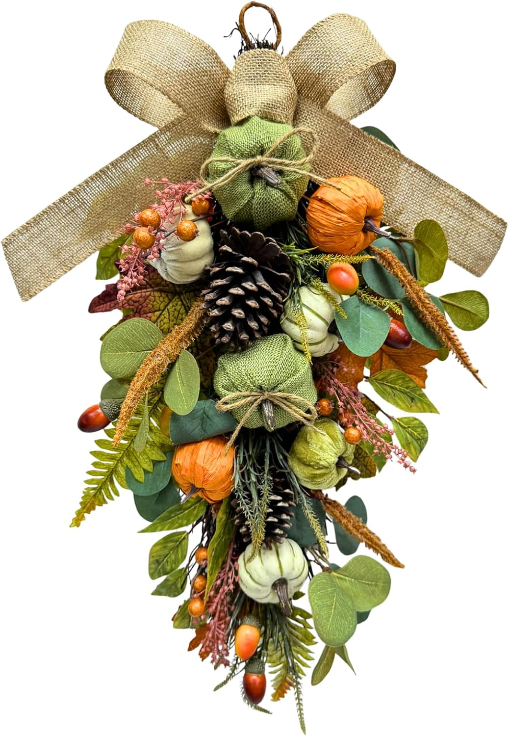 25 Inch Fall Teardrop Swag with Burlap Bow, Pumpkins and Pinecones, main product view