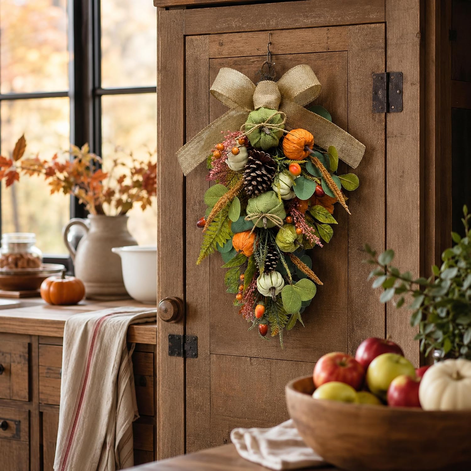 25 Inch Fall Teardrop Swag with Burlap Bow, Pumpkins and Pinecones, additional listing view 3