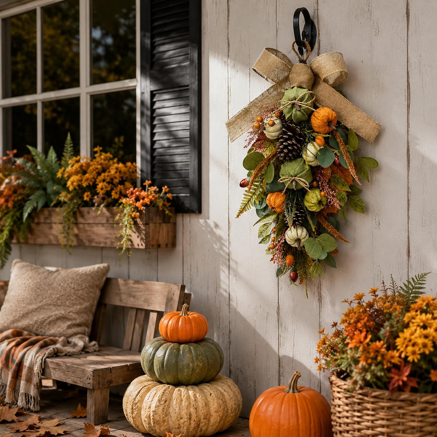 25 Inch Fall Teardrop Swag with Burlap Bow, Pumpkins and Pinecones, additional listing view 4