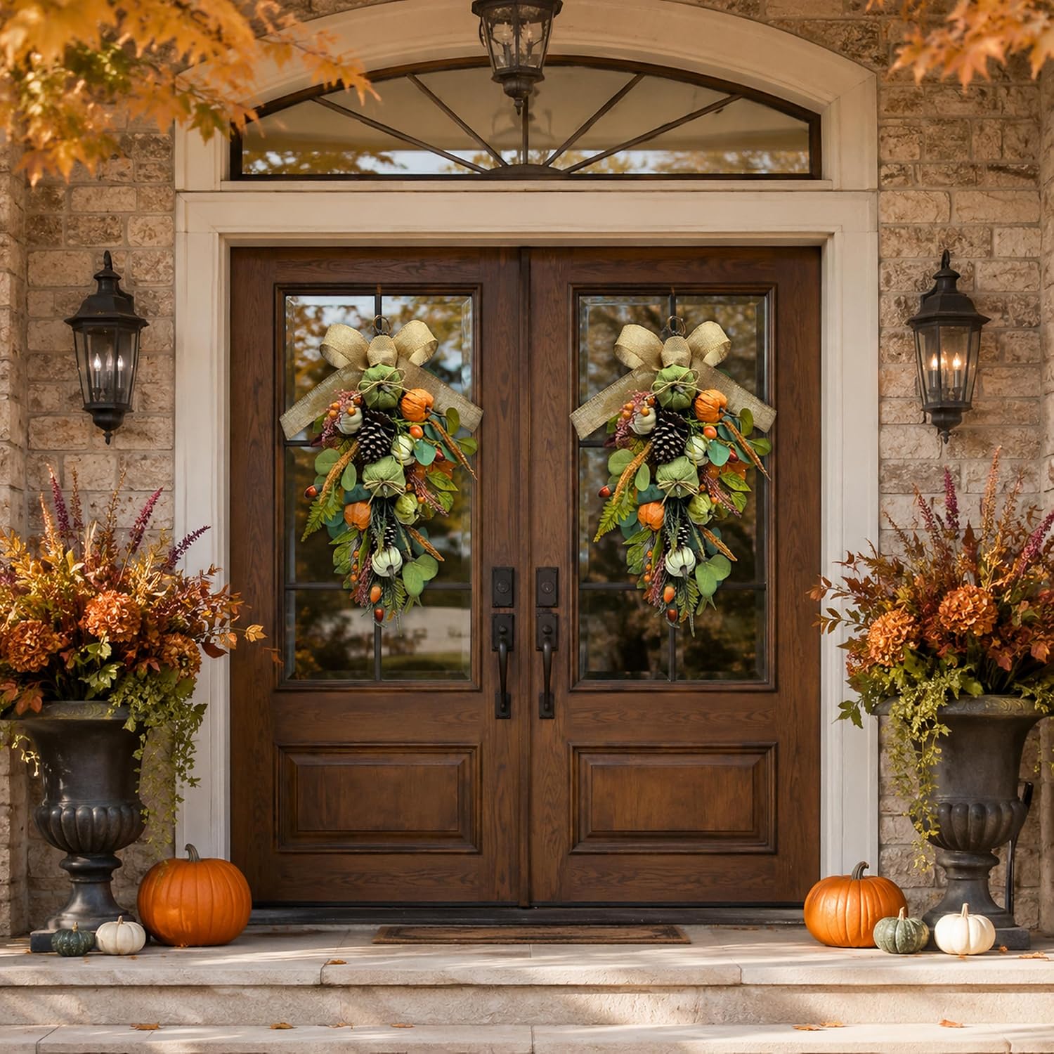 25 Inch Fall Teardrop Swag with Burlap Bow, Pumpkins and Pinecones, additional listing view 5