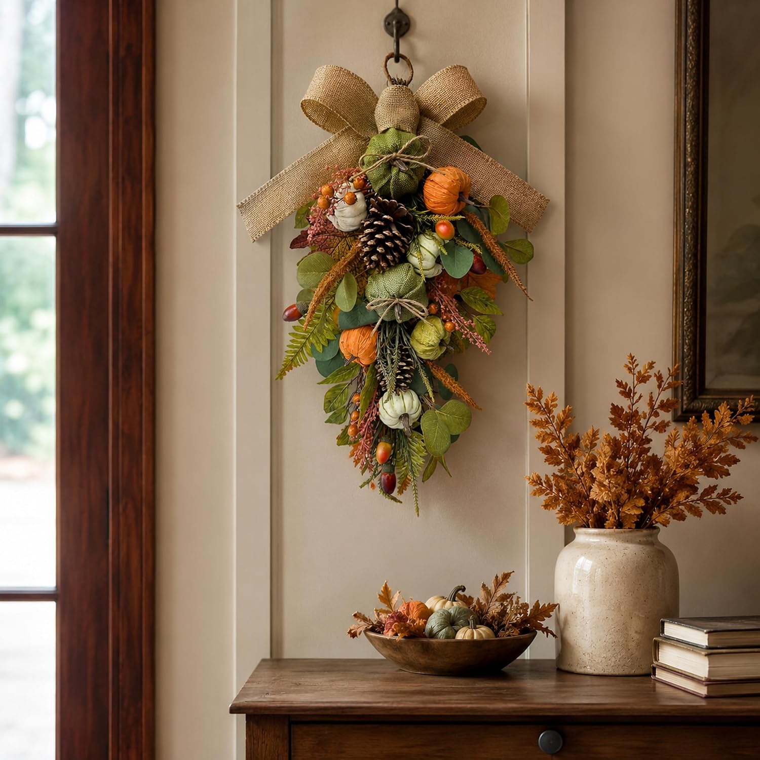 25 Inch Fall Teardrop Swag with Burlap Bow, Pumpkins and Pinecones, additional listing view 6