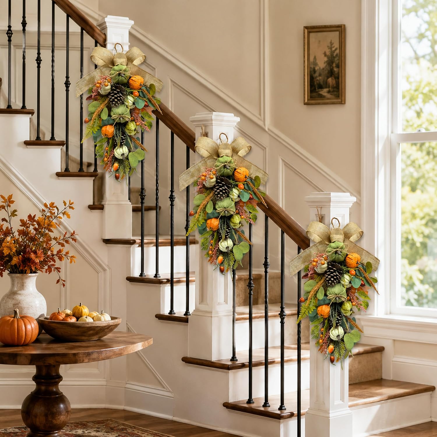 25 Inch Fall Teardrop Swag with Burlap Bow, Pumpkins and Pinecones, additional listing view 7