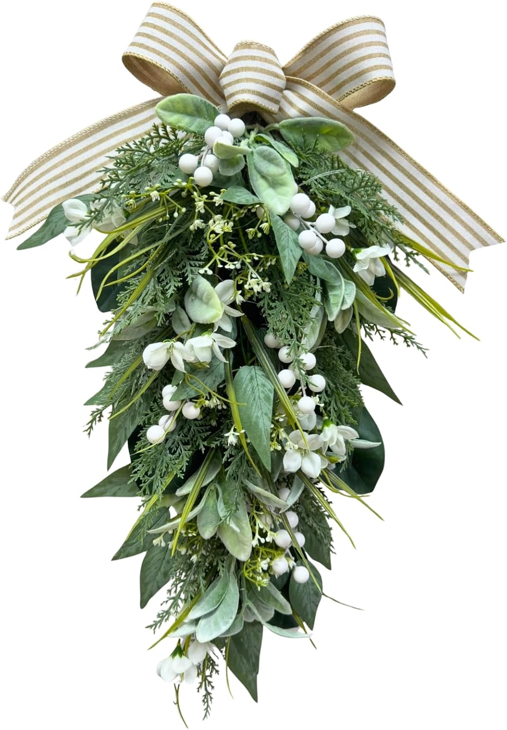 25 Inch Lighted Farmhouse Teardrop Swag with White Berries and Bow, main product view