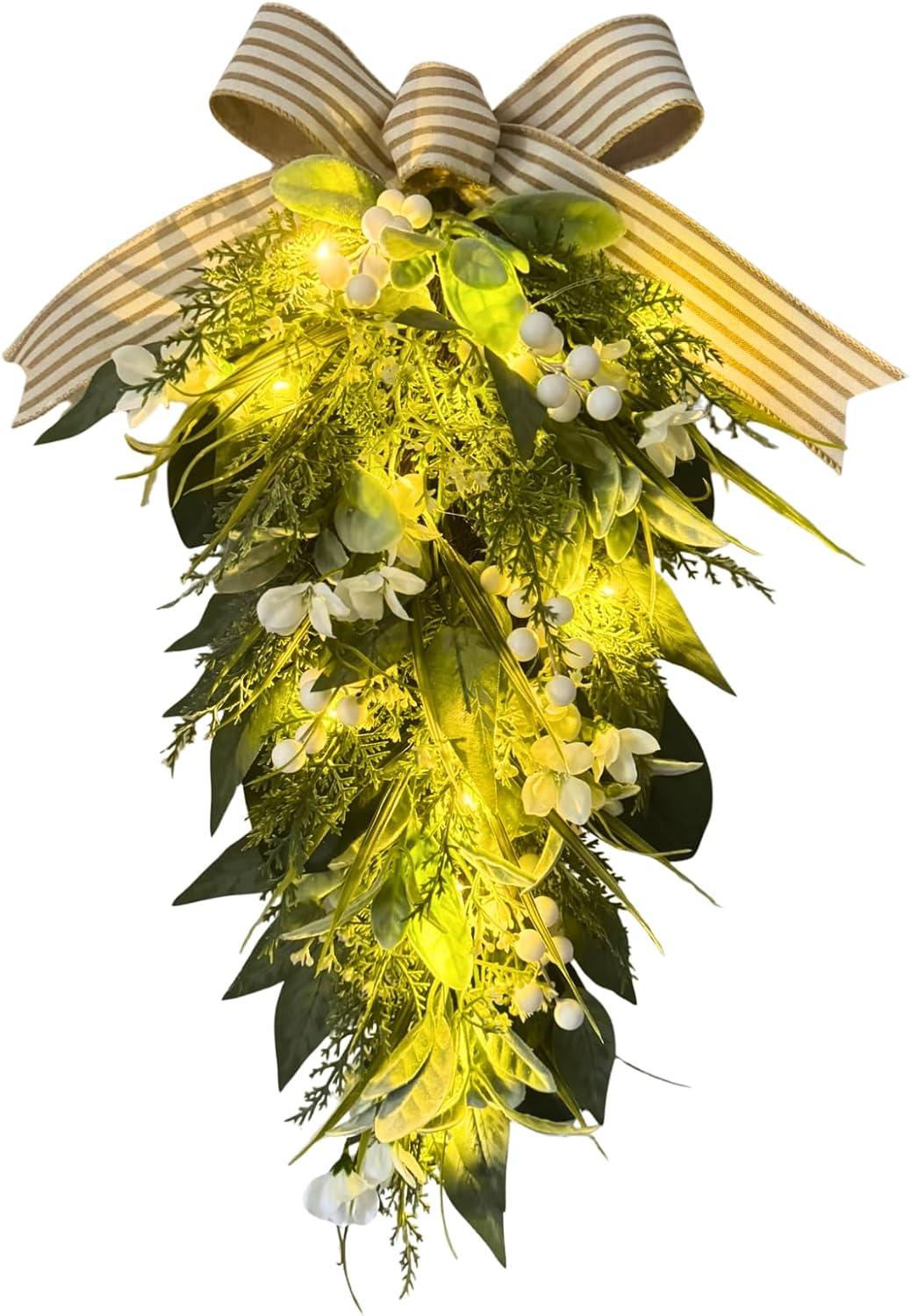 25 Inch Lighted Farmhouse Teardrop Swag with White Berries and Bow, additional listing view 2