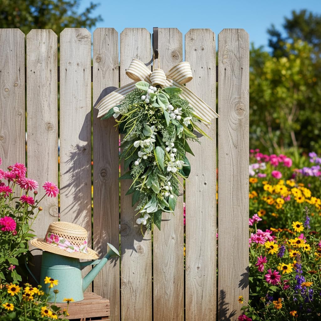 25 Inch Lighted Farmhouse Teardrop Swag with White Berries and Bow, additional listing view 4