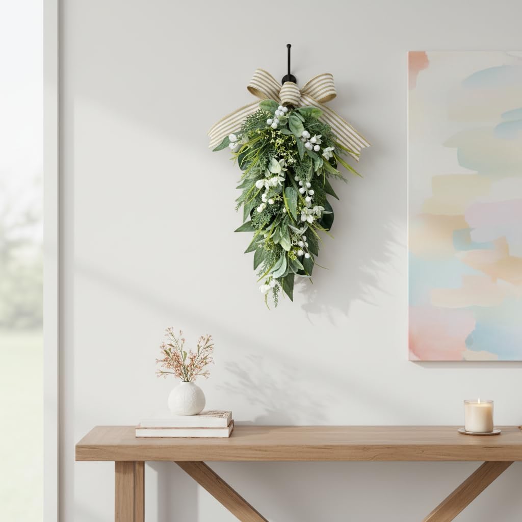 25 Inch Lighted Farmhouse Teardrop Swag with White Berries and Bow, additional listing view 5