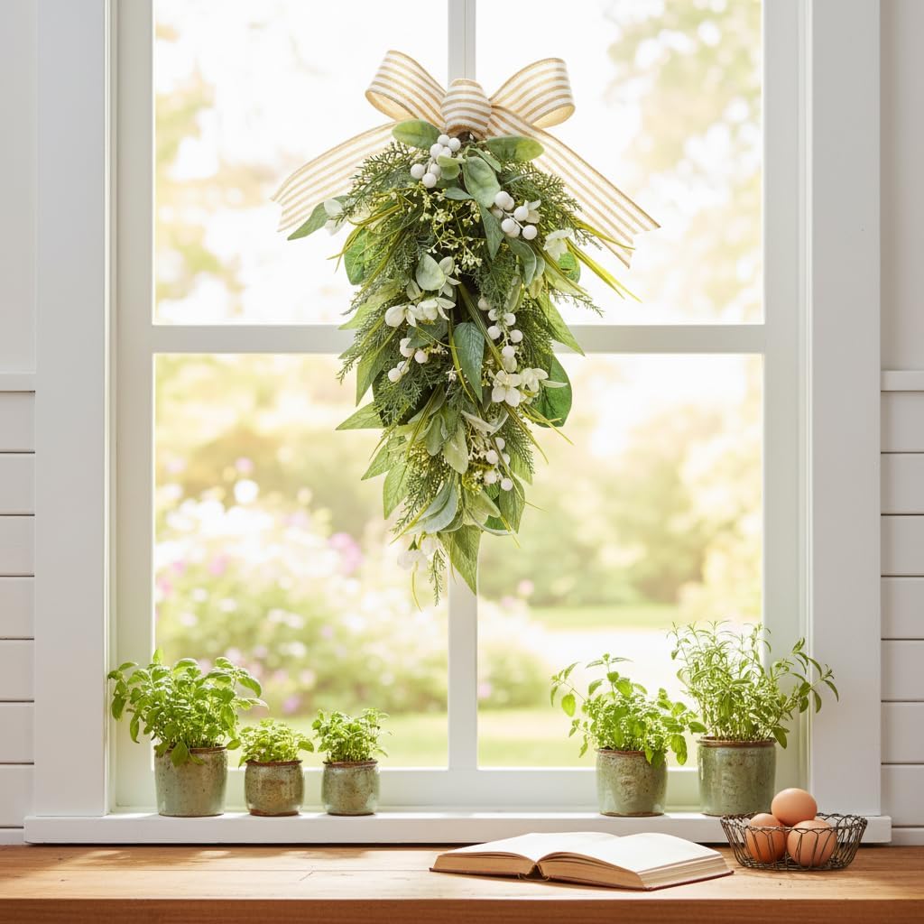 25 Inch Lighted Farmhouse Teardrop Swag with White Berries and Bow, additional listing view 6
