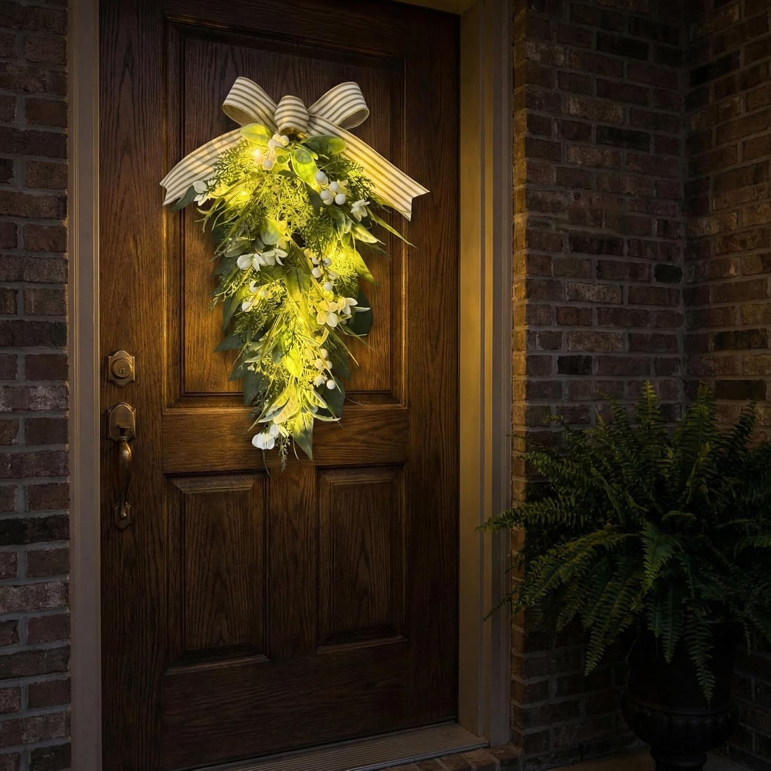 25 Inch Lighted Farmhouse Teardrop Swag with White Berries and Bow, additional listing view 7