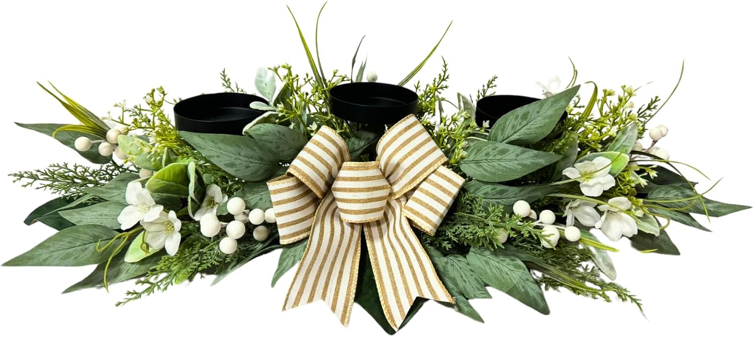 26 Inch 3 Candle Holder Centerpiece with Greenery and Striped Bow, main product view