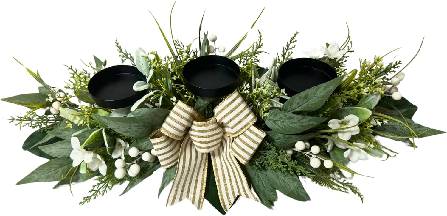 26 Inch 3 Candle Holder Centerpiece with Greenery and Striped Bow, additional listing view 2