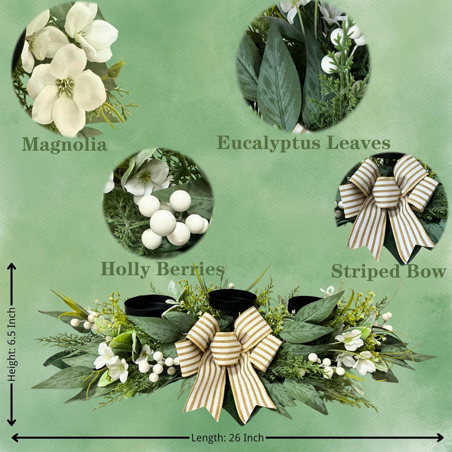 26 Inch 3 Candle Holder Centerpiece with Greenery and Striped Bow, additional listing view 3