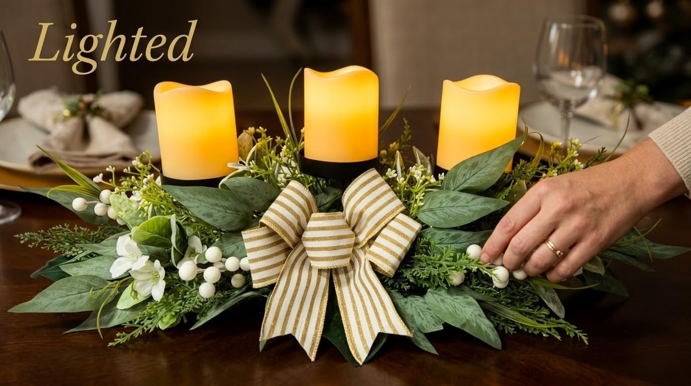 26 Inch 3 Candle Holder Centerpiece with Greenery and Striped Bow, additional listing view 4