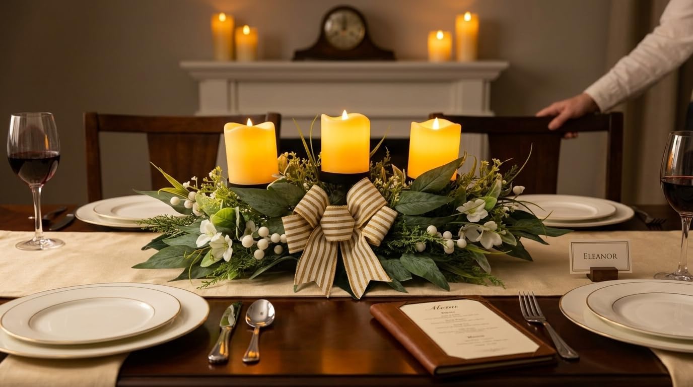 26 Inch 3 Candle Holder Centerpiece with Greenery and Striped Bow, additional listing view 5
