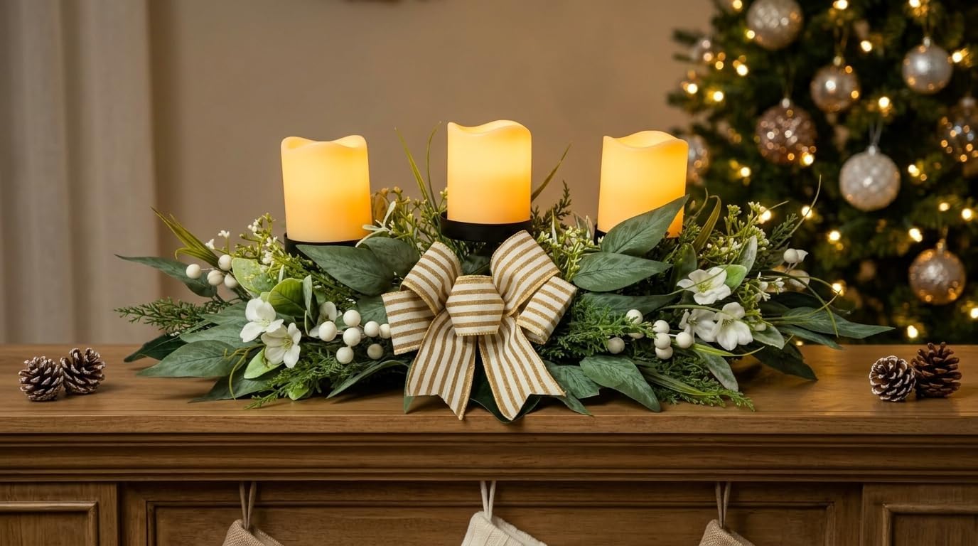 26 Inch 3 Candle Holder Centerpiece with Greenery and Striped Bow, additional listing view 6