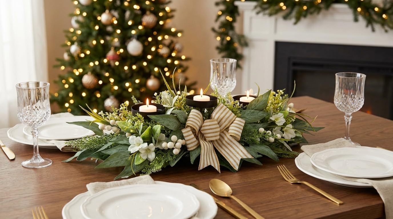 26 Inch 3 Candle Holder Centerpiece with Greenery and Striped Bow, additional listing view 7