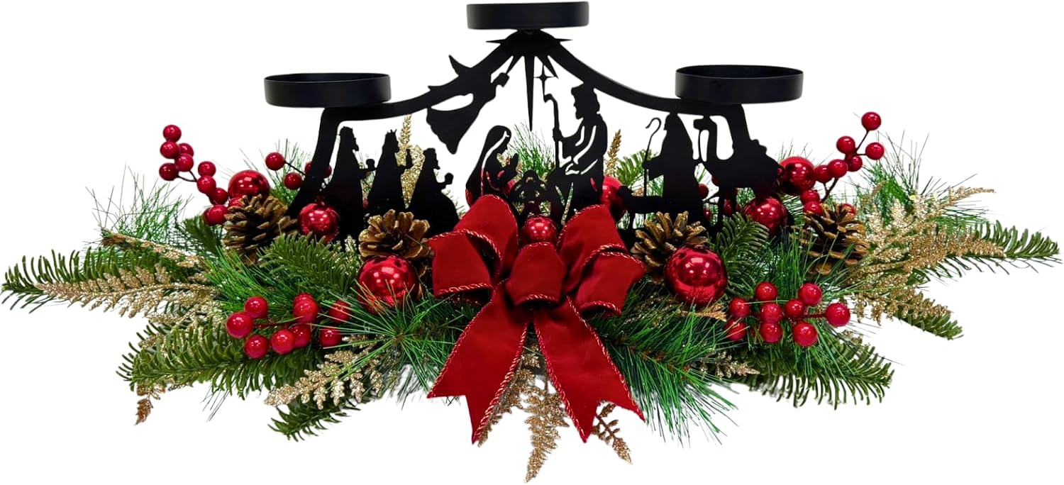 26 Inch Christmas 3 Candle Centerpiece with Nativity Scene Design, main product view