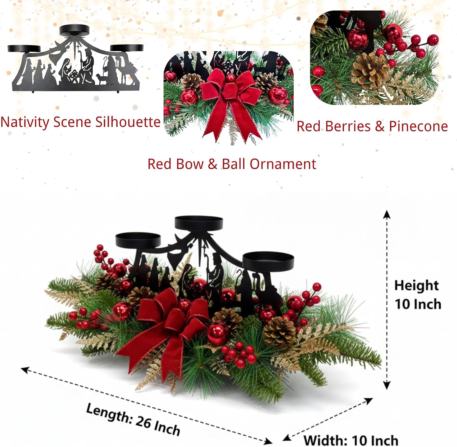 26 Inch Christmas 3 Candle Centerpiece with Nativity Scene Design, additional listing view 3