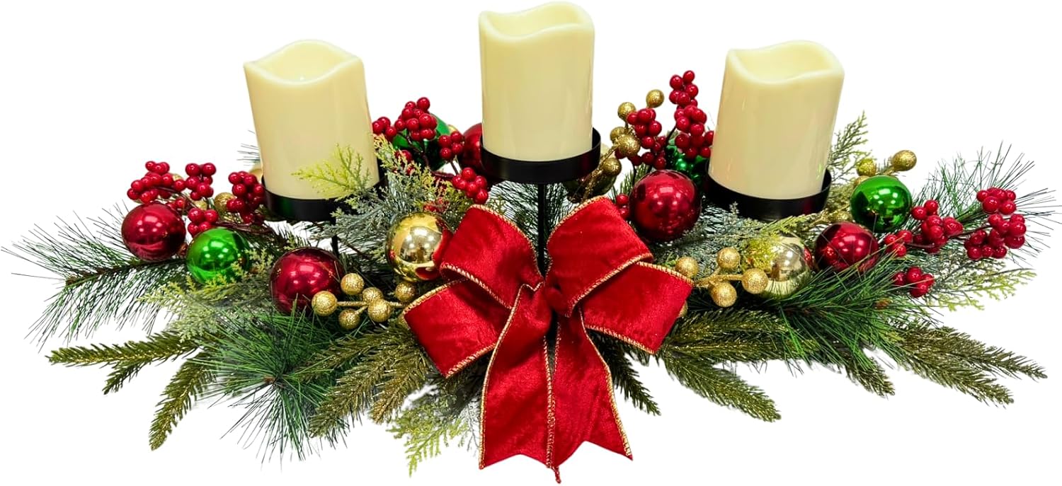 26 Inch Christmas 3 Candle Centerpiece with Red Bow and Ornaments, main product view