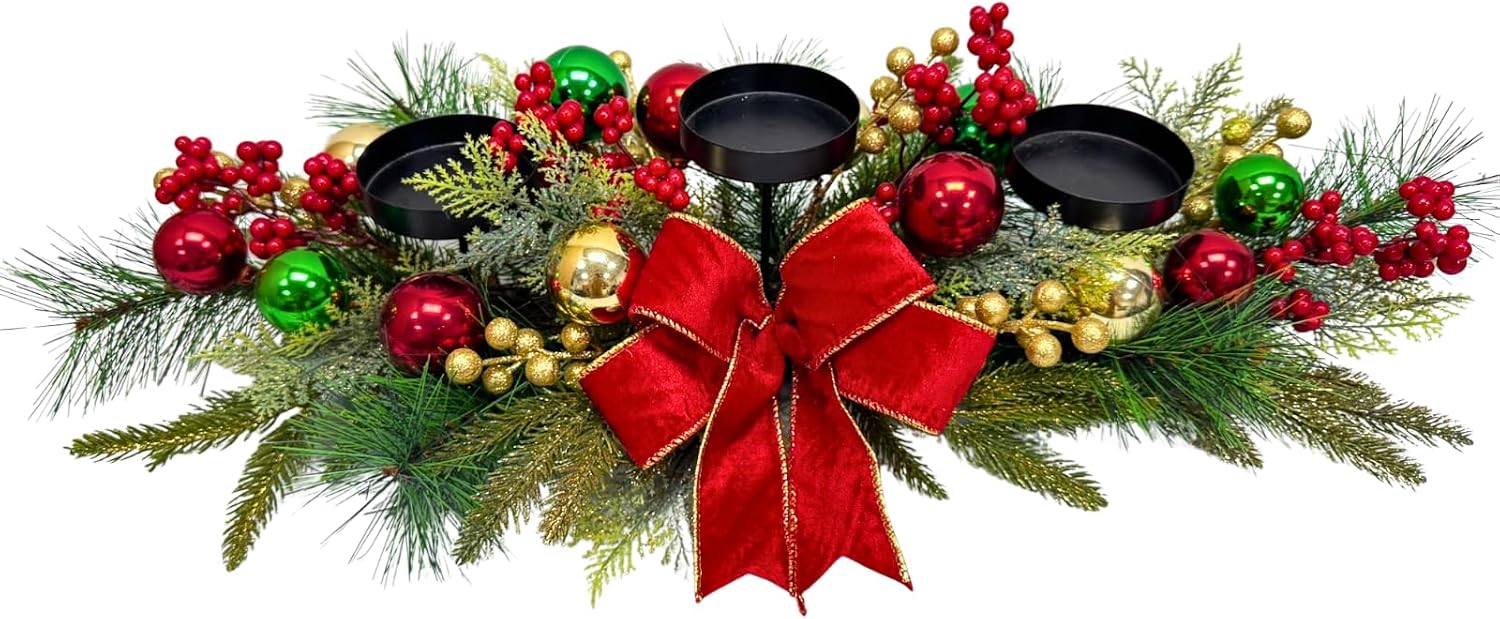 26 Inch Christmas 3 Candle Centerpiece with Red Bow and Ornaments, additional listing view 2
