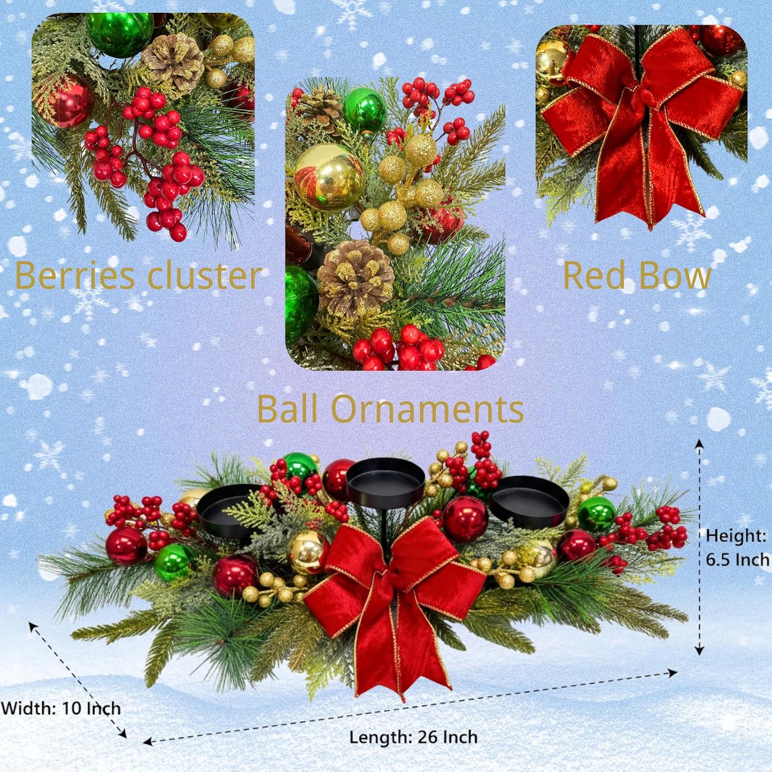 26 Inch Christmas 3 Candle Centerpiece with Red Bow and Ornaments, additional listing view 3