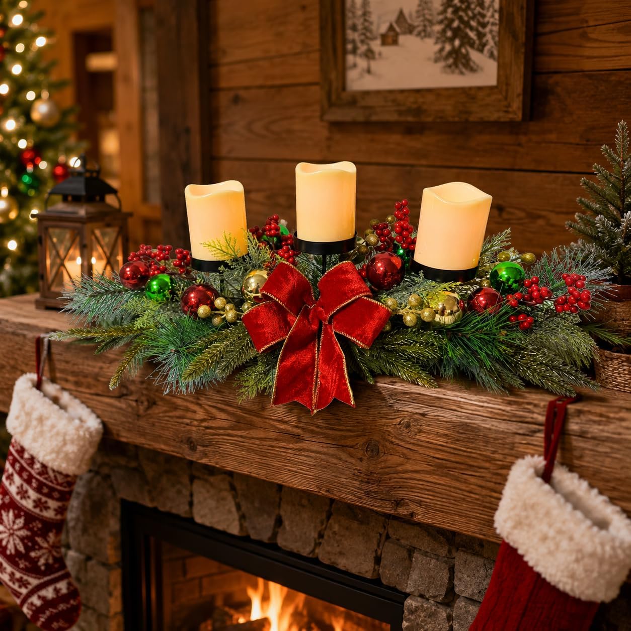 26 Inch Christmas 3 Candle Centerpiece with Red Bow and Ornaments, additional listing view 4