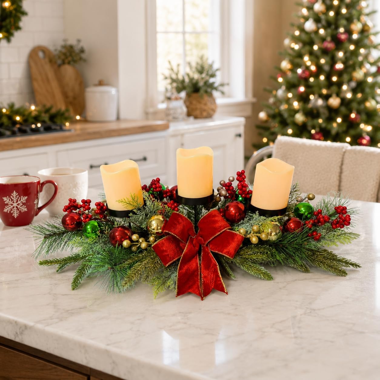 26 Inch Christmas 3 Candle Centerpiece with Red Bow and Ornaments, additional listing view 5