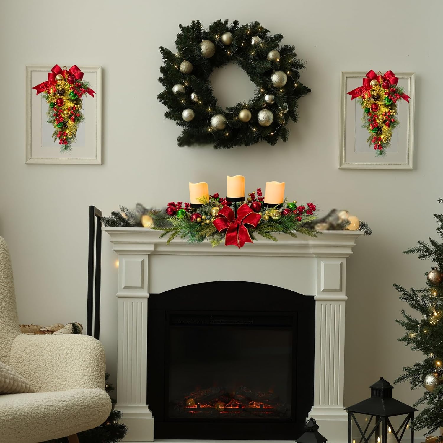 26 Inch Christmas 3 Candle Centerpiece with Red Bow and Ornaments, additional listing view 6