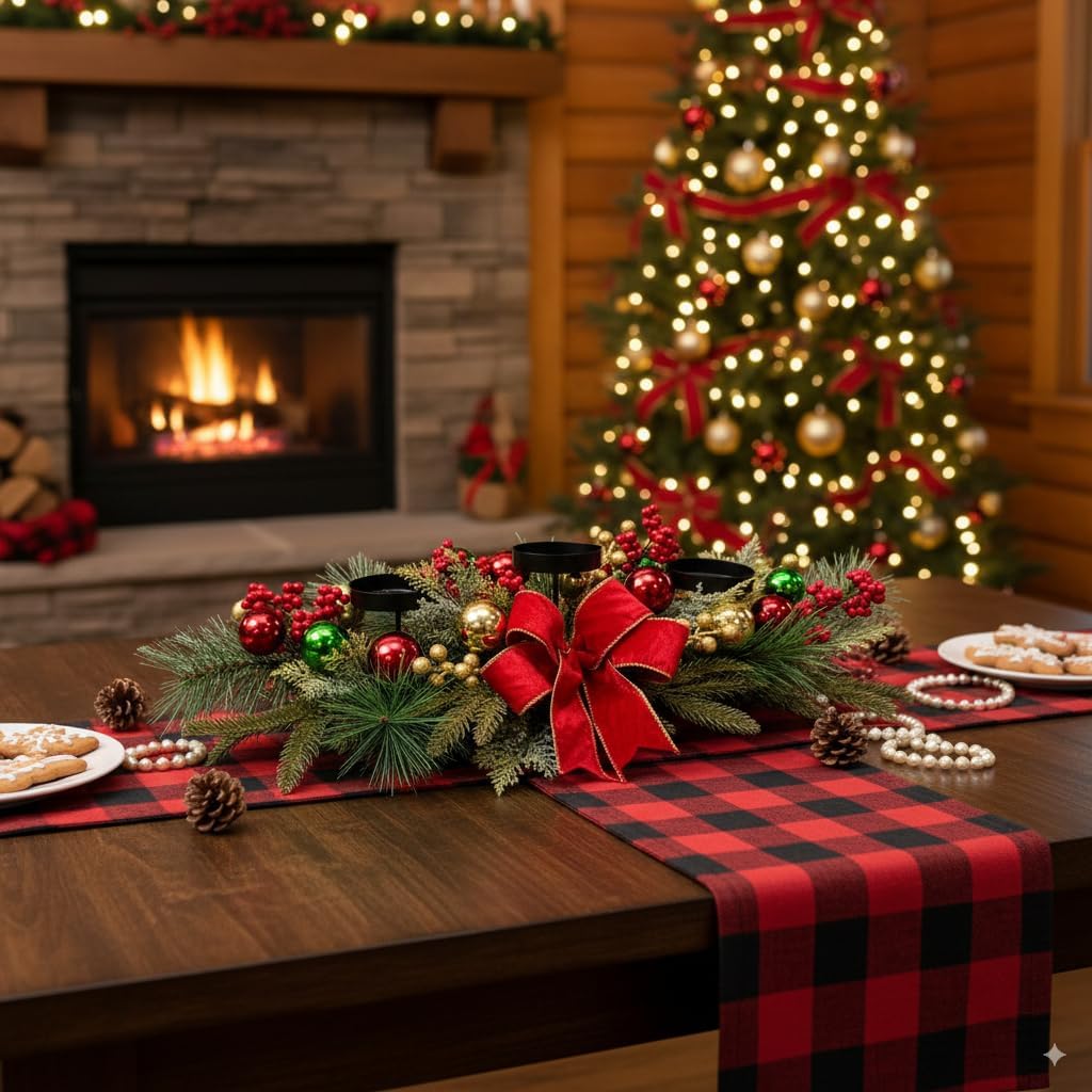 26 Inch Christmas 3 Candle Centerpiece with Red Bow and Ornaments, additional listing view 7
