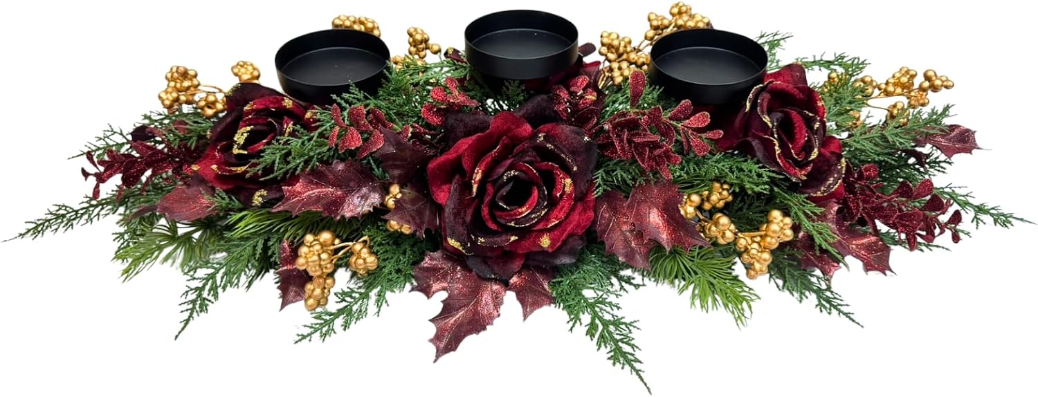 26 Inch Christmas 3 Candle Holder Centerpiece with Burgundy Roses, main product view