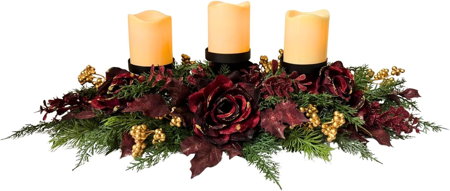 26 Inch Christmas 3 Candle Holder Centerpiece with Burgundy Roses, additional listing view 2