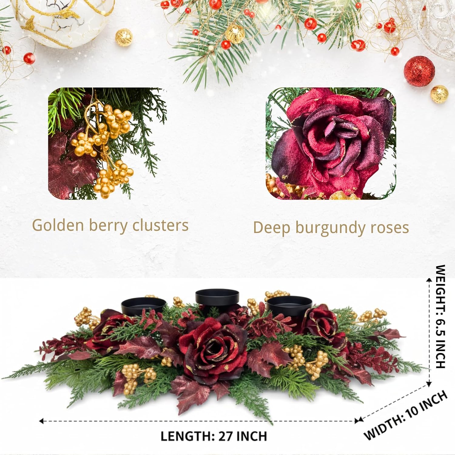 26 Inch Christmas 3 Candle Holder Centerpiece with Burgundy Roses, additional listing view 3