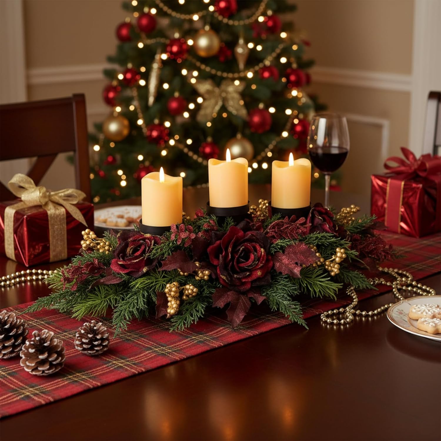 26 Inch Christmas 3 Candle Holder Centerpiece with Burgundy Roses, additional listing view 4