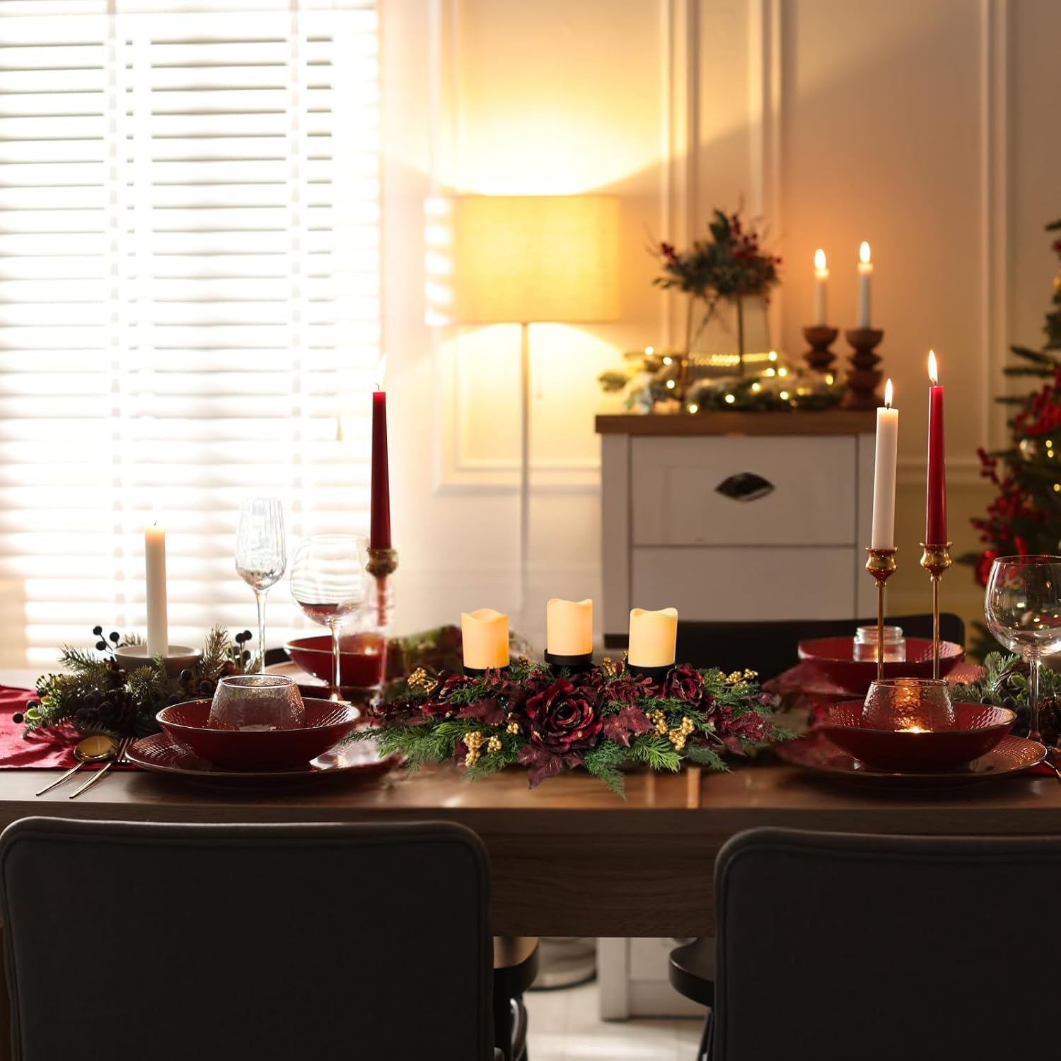 26 Inch Christmas 3 Candle Holder Centerpiece with Burgundy Roses, additional listing view 5