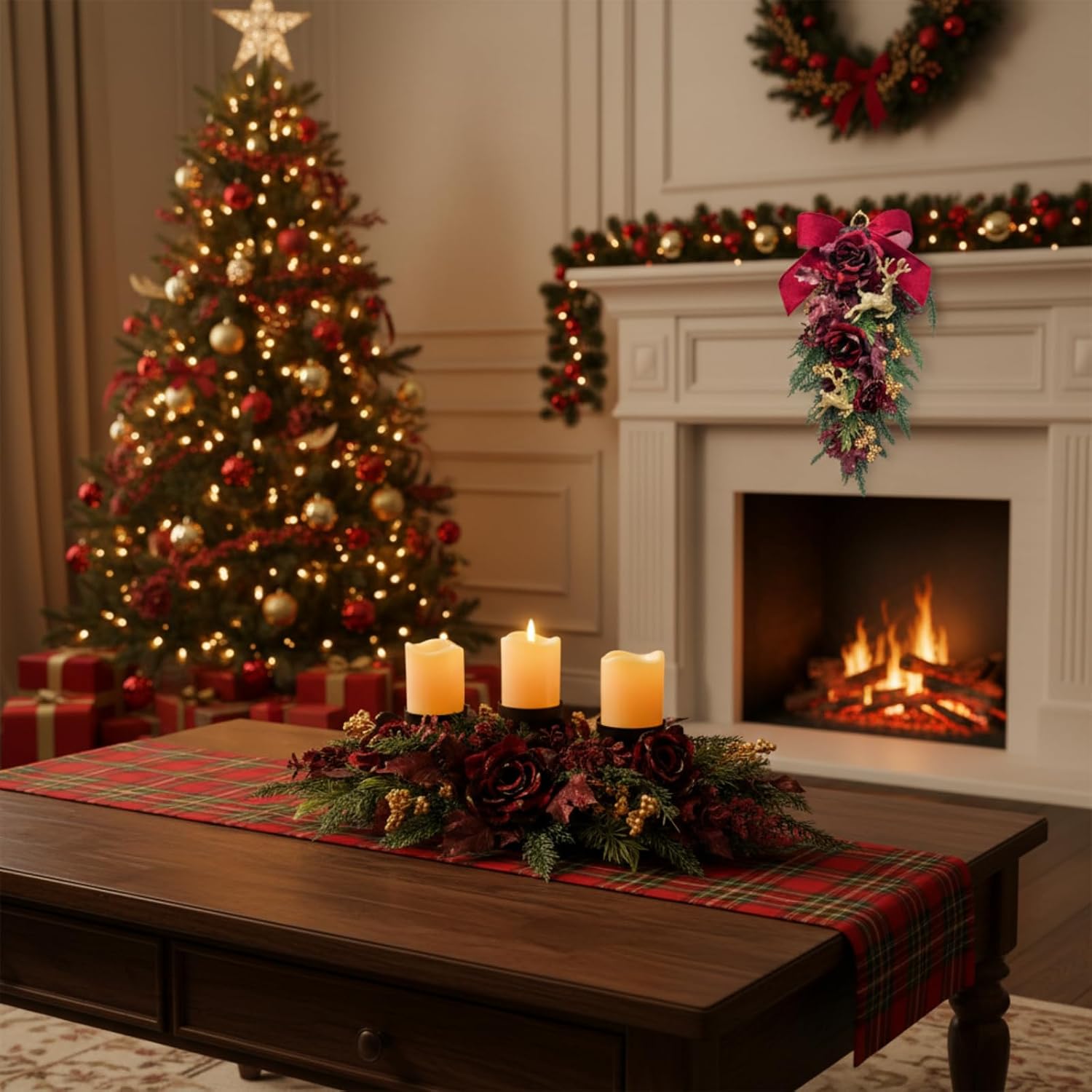 26 Inch Christmas 3 Candle Holder Centerpiece with Burgundy Roses, additional listing view 6