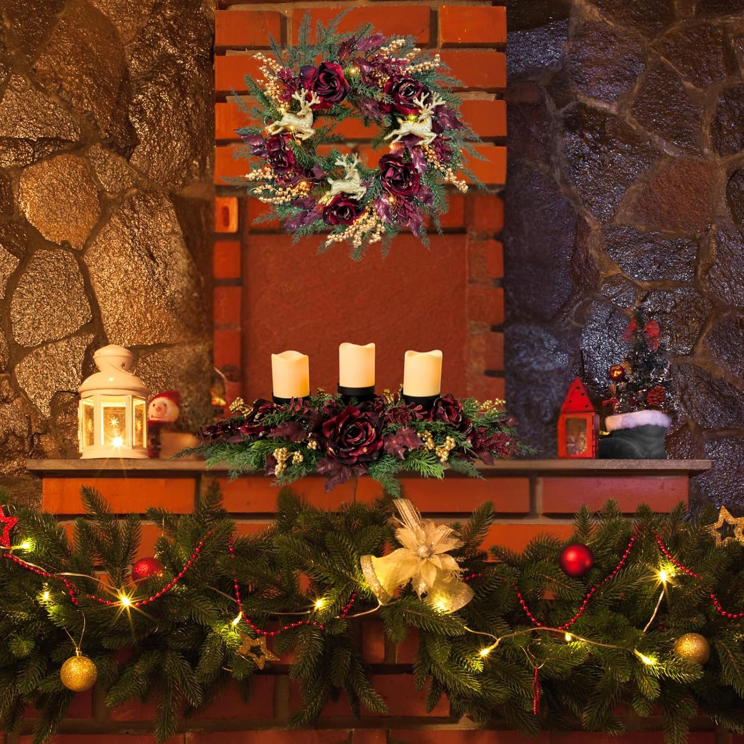 26 Inch Christmas 3 Candle Holder Centerpiece with Burgundy Roses, additional listing view 7