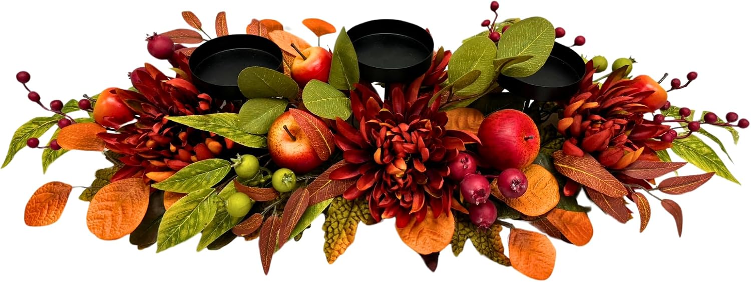 26 Inch Fall 3 Candle Holder with Faux Apples, Mums and Berries, main product view