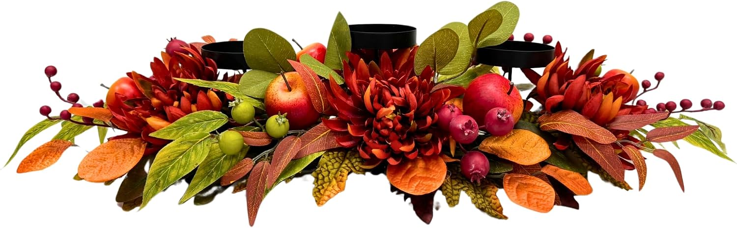 26 Inch Fall 3 Candle Holder with Faux Apples, Mums and Berries, additional listing view 2