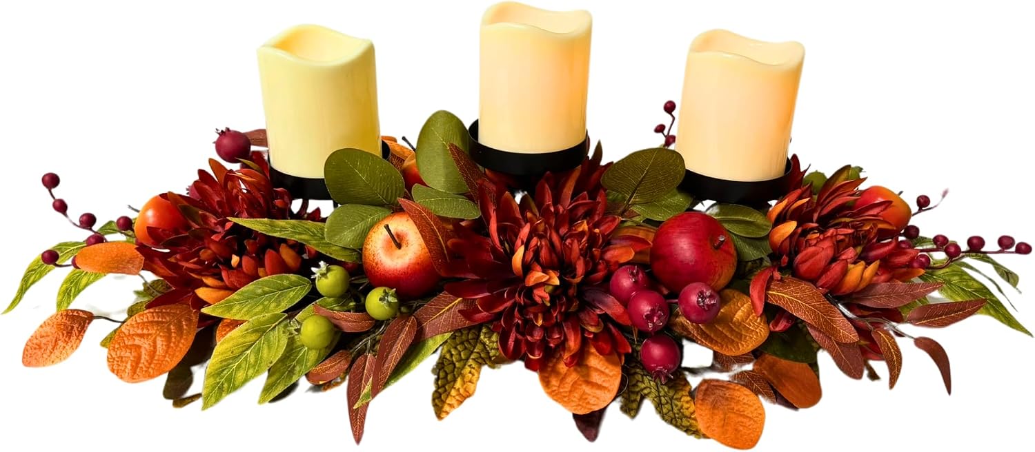 26 Inch Fall 3 Candle Holder with Faux Apples, Mums and Berries, additional listing view 3