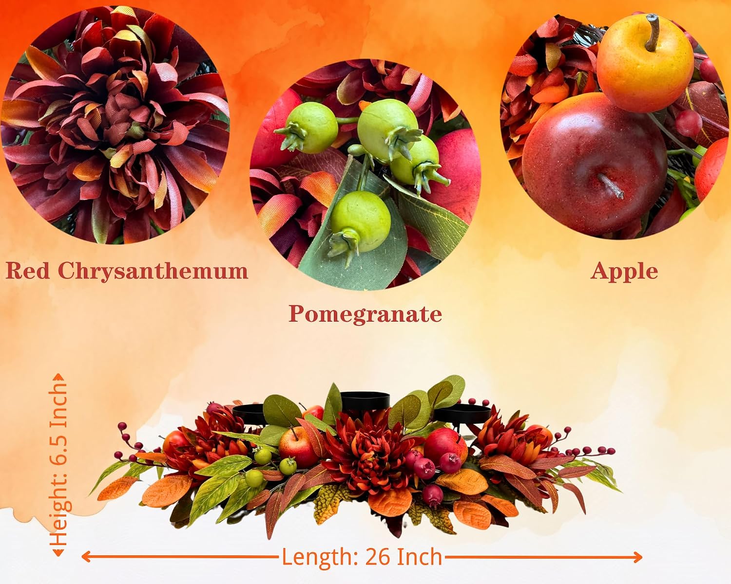 26 Inch Fall 3 Candle Holder with Faux Apples, Mums and Berries, additional listing view 4