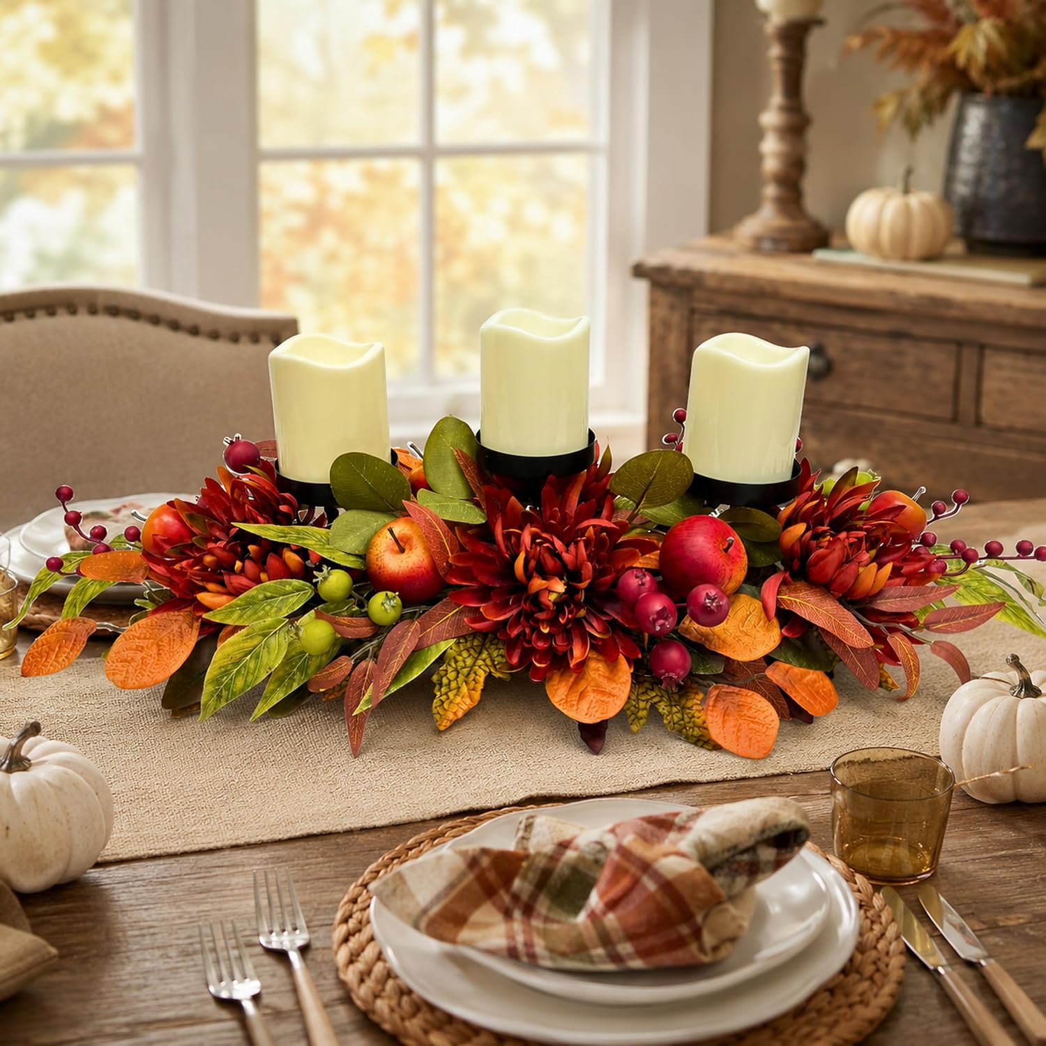 26 Inch Fall 3 Candle Holder with Faux Apples, Mums and Berries, additional listing view 5