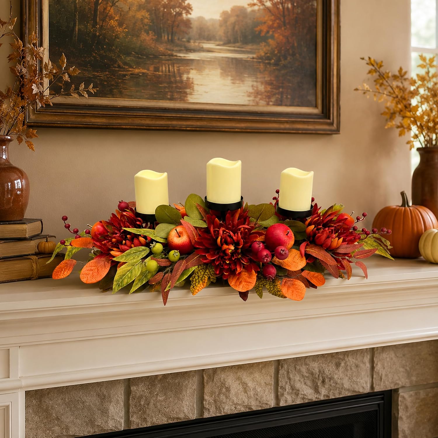 26 Inch Fall 3 Candle Holder with Faux Apples, Mums and Berries, additional listing view 6