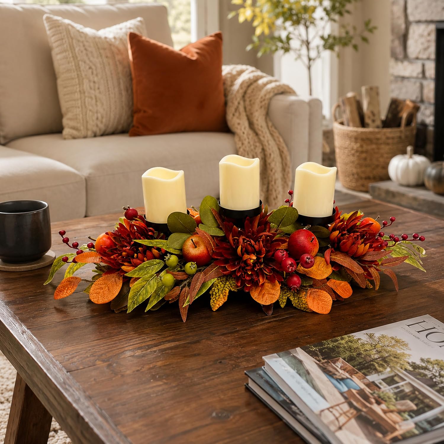 26 Inch Fall 3 Candle Holder with Faux Apples, Mums and Berries, additional listing view 7