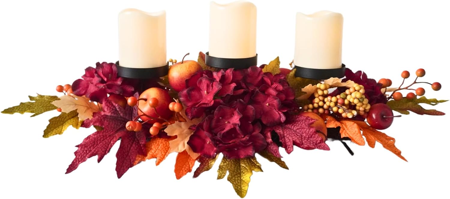 26 Inch Fall Candle Holder Centerpiece with Hydrangea and Apples, main product view
