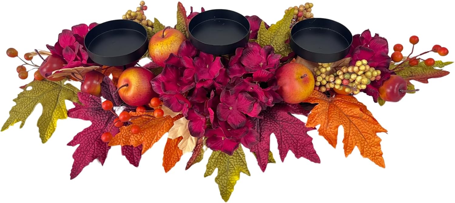 26 Inch Fall Candle Holder Centerpiece with Hydrangea and Apples, additional listing view 2