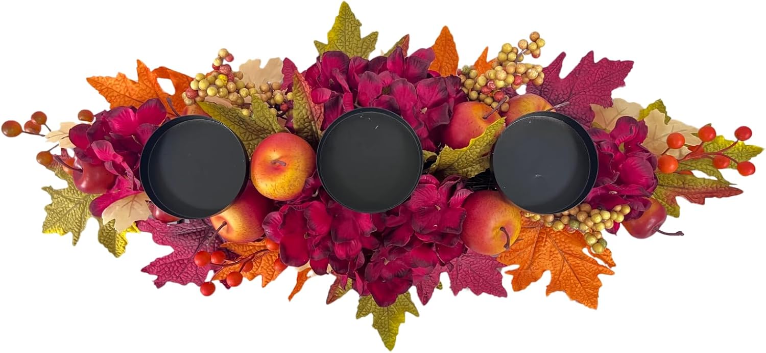 26 Inch Fall Candle Holder Centerpiece with Hydrangea and Apples, additional listing view 3
